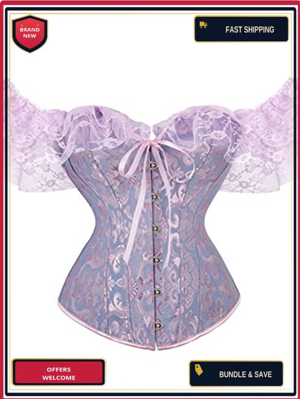 Renaissance Lace Up Overbust Corset Top Steel Busk Lace Sleeves